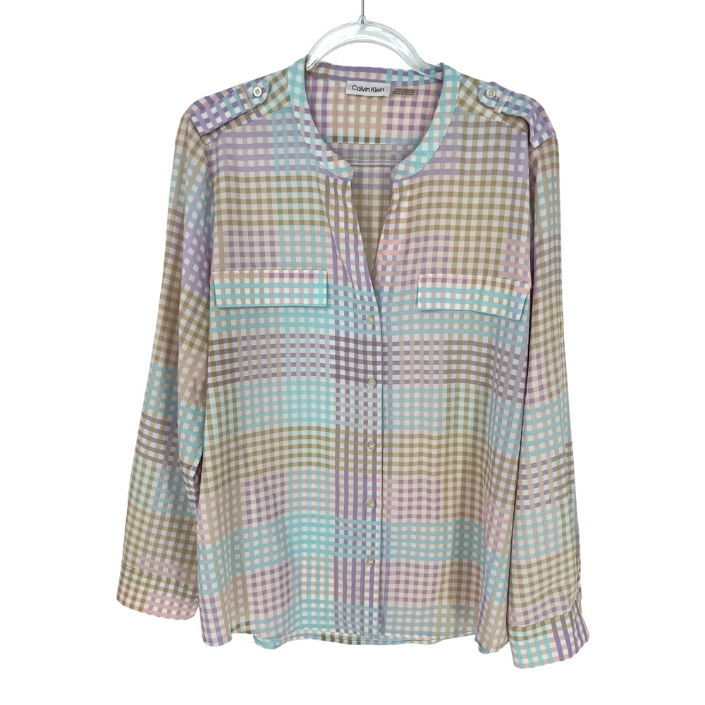 Calvin Klein Womens Pastel Plaid Utility Blouse M Roll Tab Sleeve Button Front l